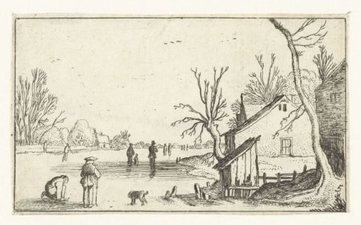 Farmhouse by a frozen river with skaters on the ice