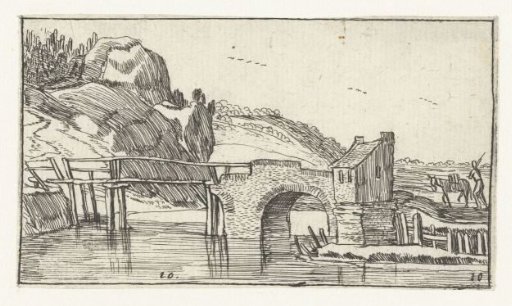 Man driving a donkey towards a bridge