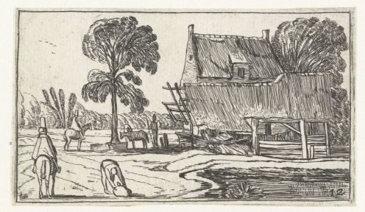 Rider on a path along a farmhouse