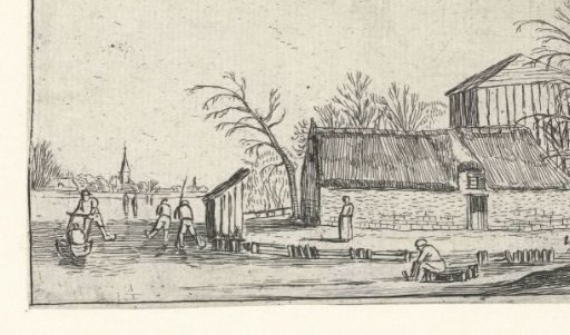 Frozen river with skaters near a farmhouse