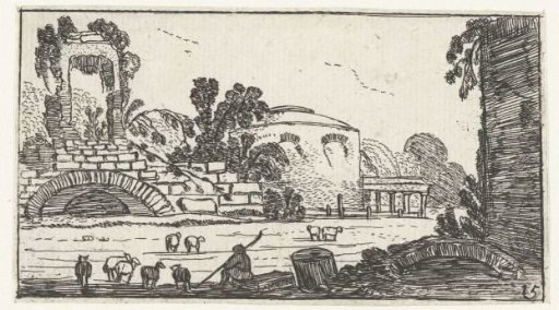 Ruins and a shepherd with sheep