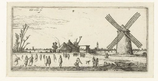 Skaters on the ice near a mill at Penningsveer