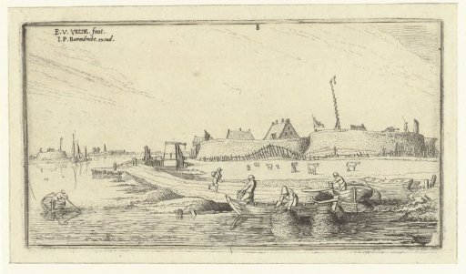 Rowing boats with fishermen in front of a fort on the Scheldt