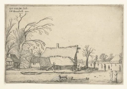 Farmhouse near a frozen river with skaters