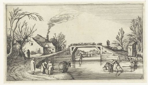 Landscape with skaters near a bridge with sheep