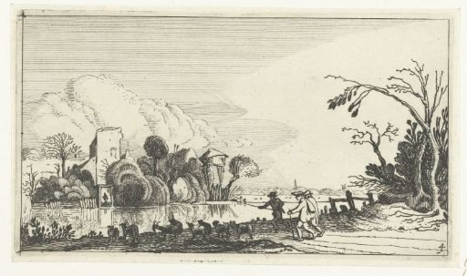 Shepherd with goats and sheep by a river