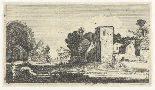 Landscape with square tower near houses