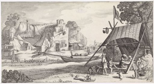 Figures under a tent at an inn