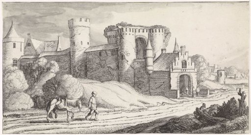 Peasant with a horse on a road alongside a castle