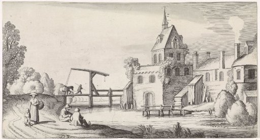 Figures by a drawbridge before a village with a church tower