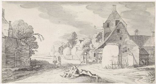 Resting peasants along a road in a village