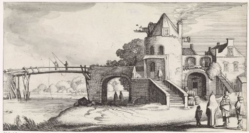 Toll house with a wooden bridge over the river