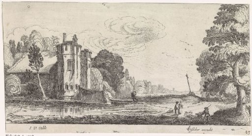 Landscape with figures by a fortified house with two towers