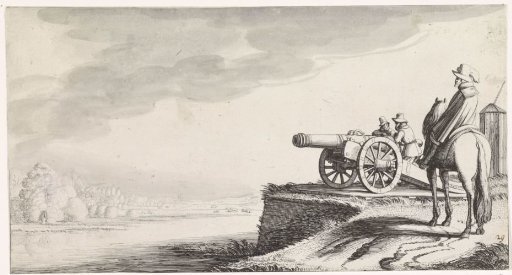 Horseman and two soldiers by a cannon on a riverbank