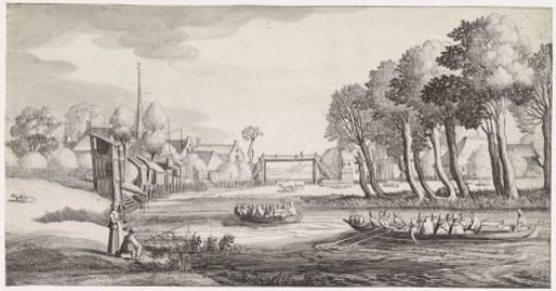 Two Rowing Boats on a River by a Village