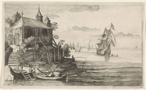 Two-master by a coast with a chapel
