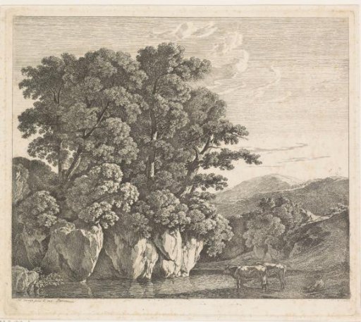 Landscape with a seated shepherd beside two cows