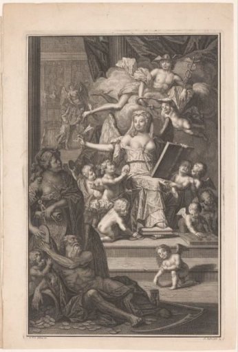 Allegorical representation with a writing woman crowned by snakes, Mercury, Time and putti