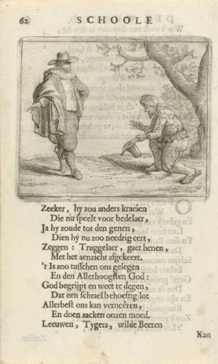 Kneeling man before a richly dressed figure