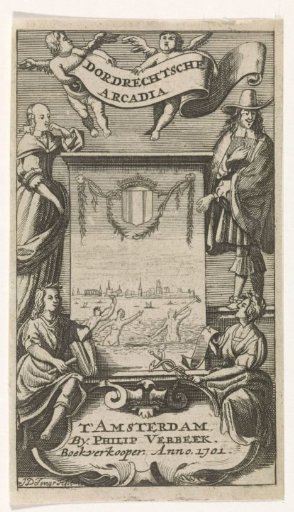 Four figures around a frame with a view of Dordrecht