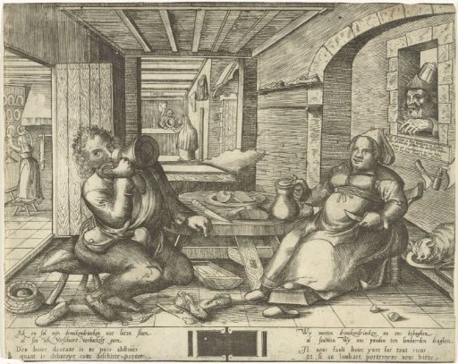 Shoemaker and his wife, drinking beer in a room