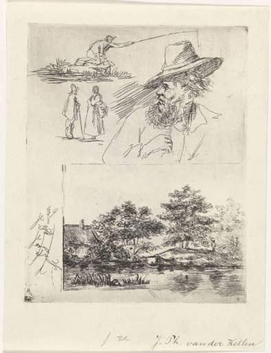 Study sheet with four figures and a landscape