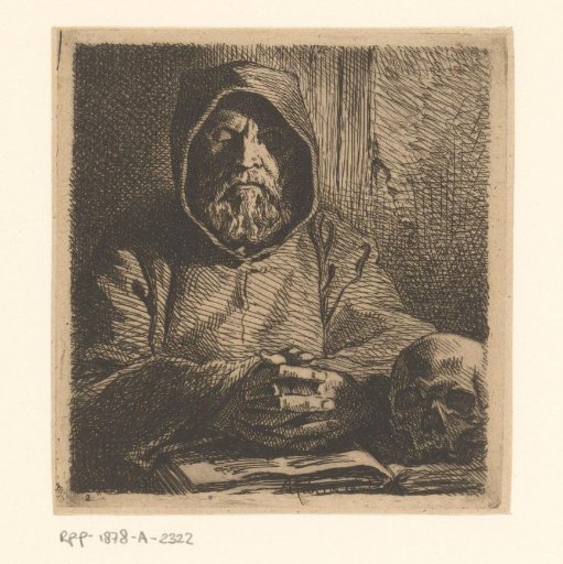 Monk with folded hands resting on an open book with a skull on it