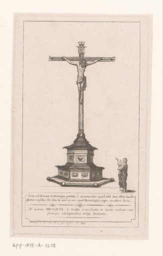 Man Pointing at a Large Crucifix Image
