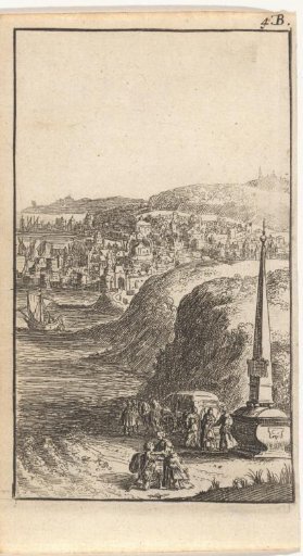 Man kneeling before a woman by an obelisk
