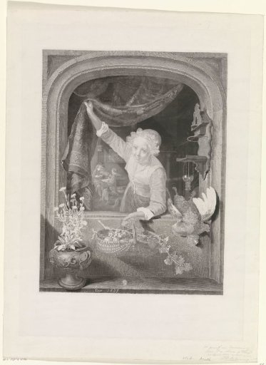 Woman with a basket of fruit in her hand by the window