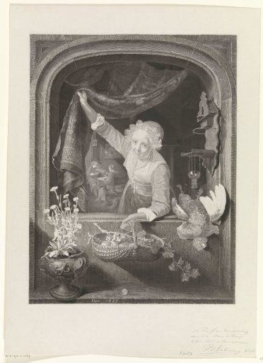 Woman with a basket of fruit in her hand by the window