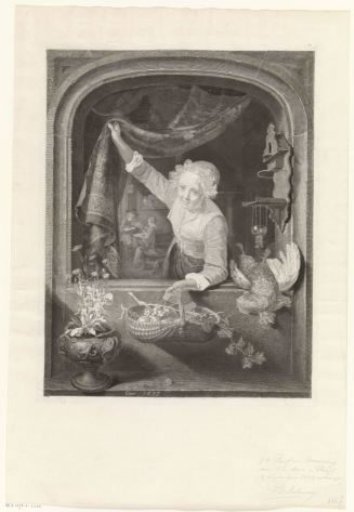 Woman with a basket of fruit in her hand by the window