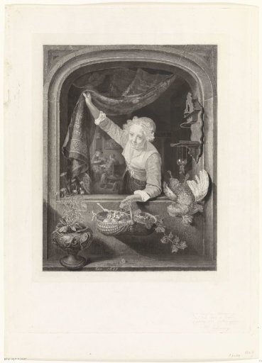 Woman with a basket of fruit in her hand by the window