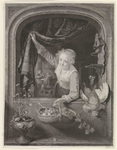 Woman with a basket of fruit in her hand by the window