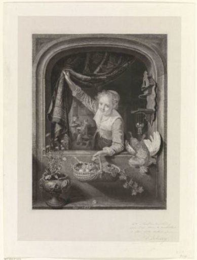 Woman with a basket of fruit in her hand by the window