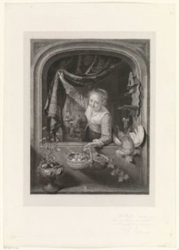 Woman with a basket of fruit in her hand by the window