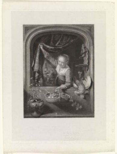 Woman with a basket of fruit in her hand by the window