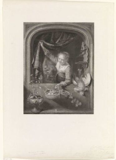 Woman with a basket of fruit in her hand by the window