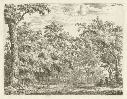 Two figures by the water in the forest