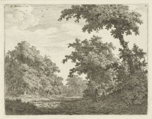 Resting travelers along a road in the forest