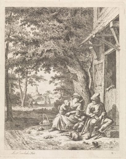 Family with a dog, sitting in front of a house