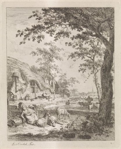 Shepherdess with sheep in front of a farmhouse