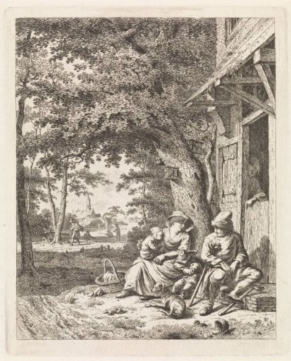 Family with a dog, sitting in front of a house