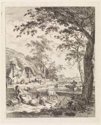 Shepherdess with sheep in front of a farmhouse