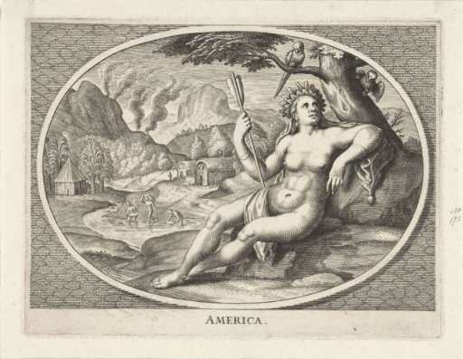 Female personification of the continent of America as a woman with headdress of feathers and arrow in a landscape