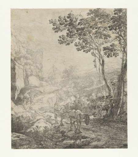 Landscape with two mules before the Rocca Aquatico near Ancona