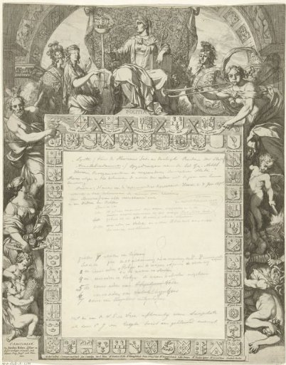 Allegory on the government of the city of Amsterdam with the coats of arms of the regents