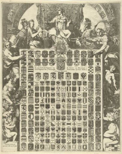 Family coats of arms of Prince William III in an allegorical frame