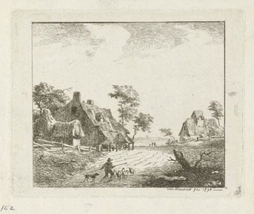 Landscape with shepherd and sheep near two farmhouses