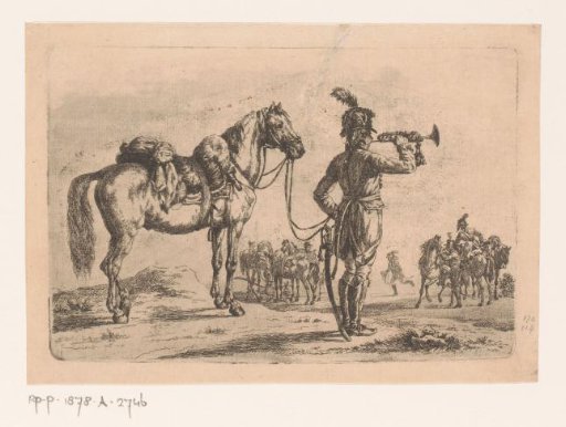 Dismounted cavalryman blows on a trumpet